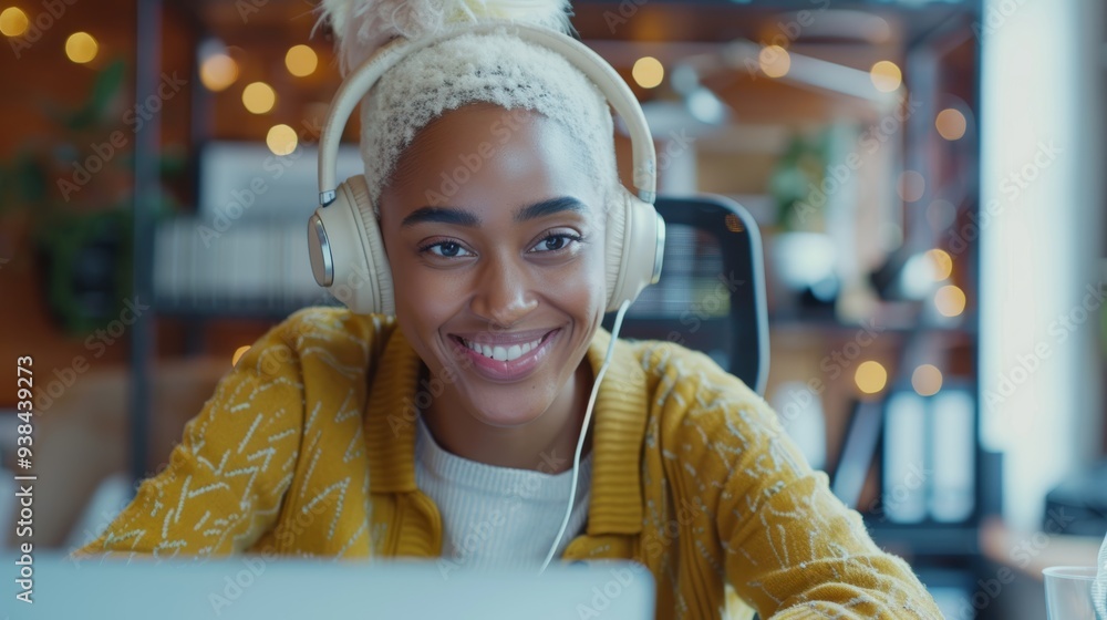 Poster customer service representative using a laptop in a busy office, focusing on crm support. smiling po