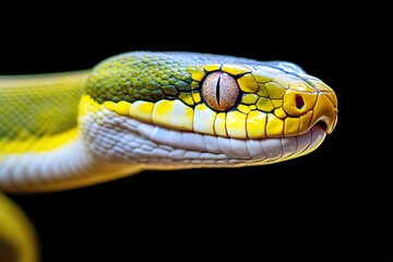 Close-up snake head on white background, 2025 symbol, blank space for text, wildlife concept	
