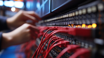 IT professionals configure integration technology in a server room or data center. The setup includes equipment, cables, and integration tools.

