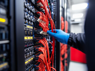 IT professionals configure integration technology in a server room or data center. The setup includes equipment, cables, and integration tools.

