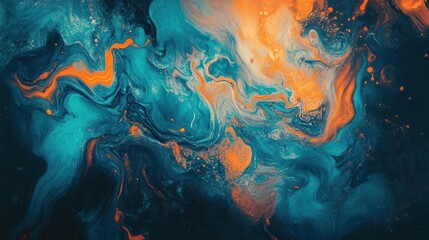 A painting of a green and orange swirl with a blue background