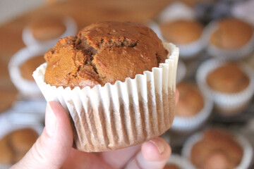 Fresh Baked Homemade Gingerbread Muffins with Buffalo Check and Sunflower Background