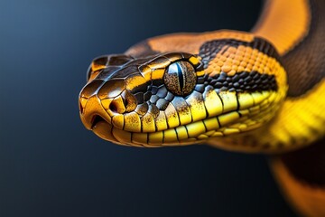 Fototapeta premium Close-up snake head on white background, 2025 symbol, blank space for text, wildlife concept 