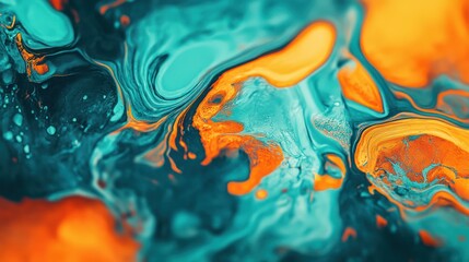 A painting of a green and orange swirl with a blue background