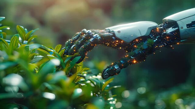 Hands of a man with a robotic arm in the forest, future eco concept