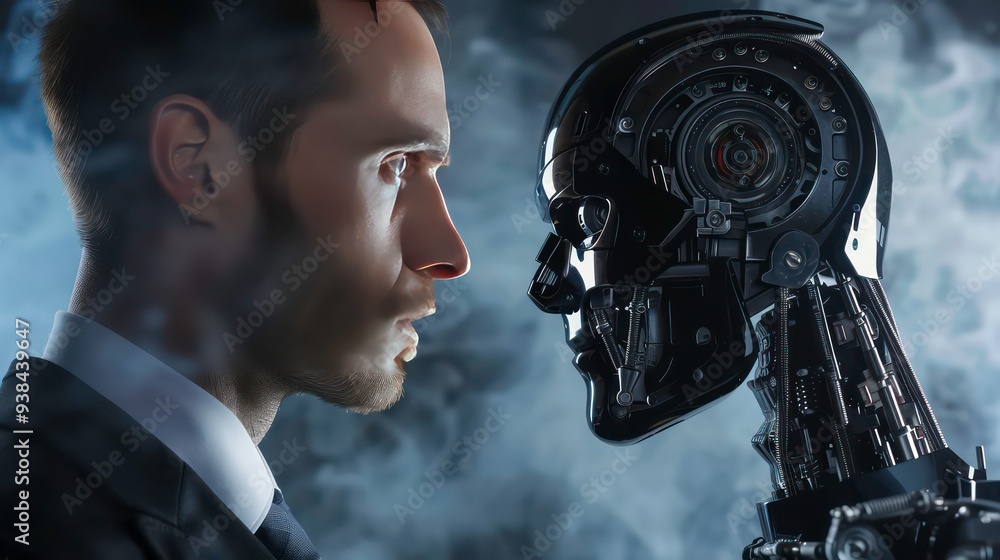 Poster a man in a suit stares intensely at a robotic head in a smoky environment, a metaphor for the future