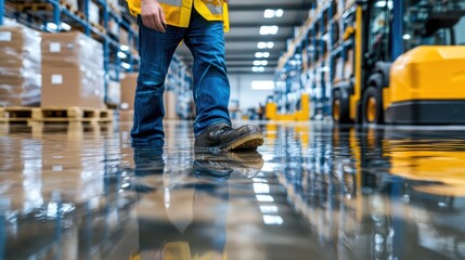 Image depicting a warehouse environment with a worker walking in boots on a wet, reflective floor, close to stacked pallets and machinery, showcasing the industrious setting.