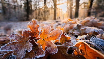 Frost-covered autumn leaves on the forest floor, capturing the transition from fall to winter with a focus on textures and seasonal change.