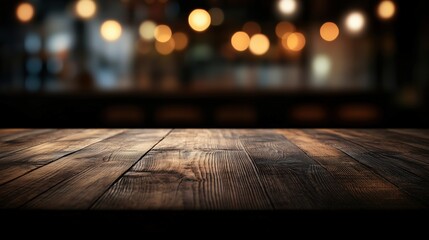 Empty wooden table with a blurred dark bar interior background, ideal for showcasing products or creating montages in a stylish setting.