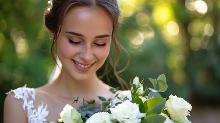 Naklejka premium Close-up of a lovely bride enjoying the fragrance of her wedding bouquet filled with white roses, standing outdoors on a sunny day