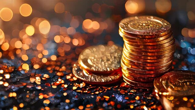 Golden casino chips. Close-up shot with shallow depth of field