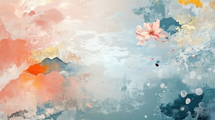 A painting of a flower with a blue sky background