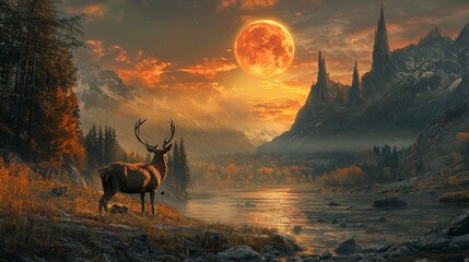 A lone stag stands by a river under a large, glowing moon in a dramatic mountain landscape.