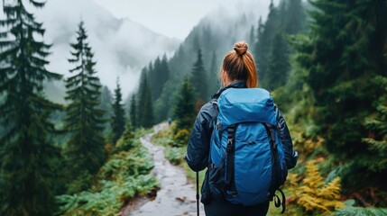 Naklejka premium A woman walking along a forested mountain path, carrying a blue backpack and trekking poles, surrounded by dense green trees and a misty atmosphere, embracing nature's beauty.