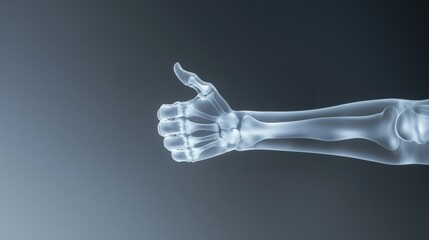 A stylized X-ray image of a hand showing a thumbs-up gesture, symbolizing approval, positivity, or success in a creative and medical context.