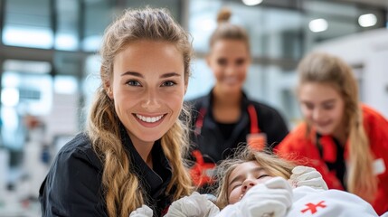 A dedicated rescue worker smiles while holding a child in an emergency medical setting, highlighting the care and dedication of professionals during urgent situations in a facility.