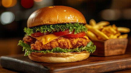 Delicious crispy chicken burger with lettuce, tomatoes and cheese on a wooden board; fries as side dish