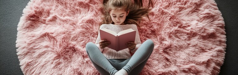 Young girl reading a book while sitting on a round pink rug indoors