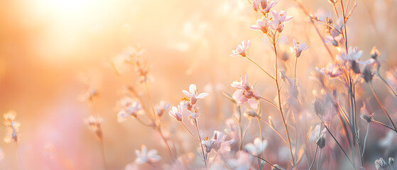 Naklejka premium Soft, delicate pink wildflowers bathed in warm sunlight.