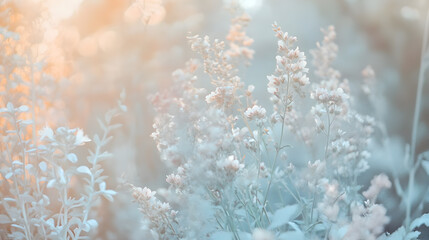 Soft, delicate white flowers bloom in a field of green, bathed in the warm glow of the setting sun.