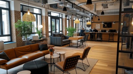 Modern office lounge with leather furniture, wood floors, brick walls, and large windows.