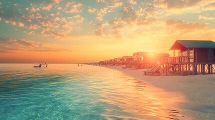 Tranquil beach scene with wooden bungalows at sunset.