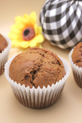 Fresh Baked Homemade Gingerbread Muffins with Buffalo Check and Sunflower Background