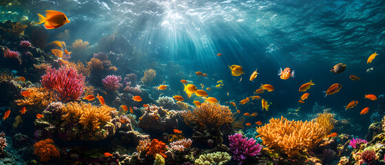 Fototapeta premium Vibrant coral reef with colorful fish and sunlight beams.