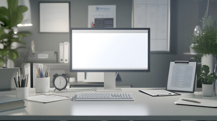 White desktop computer with blank screen in a modern office.