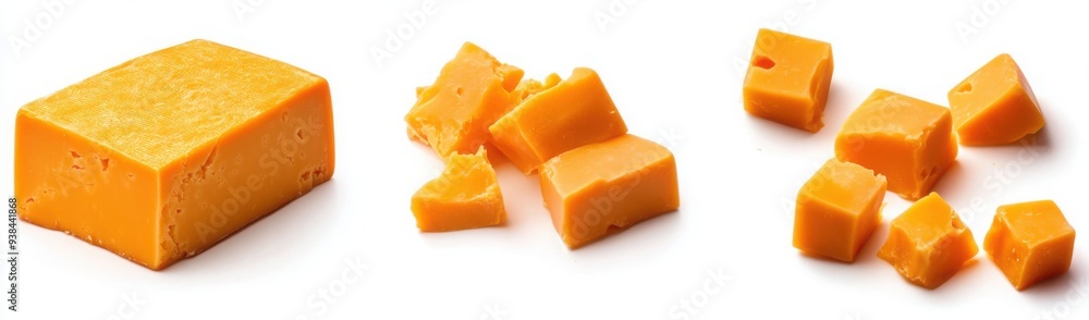 Poster three distinct varieties of cheese are placed side by side on a smooth white surface, creating an ap