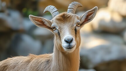 Close up portrait of a brown goat with curled horns looking at the camera.