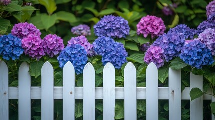 White picket fence with blooming hydrangeas in a cottage garden