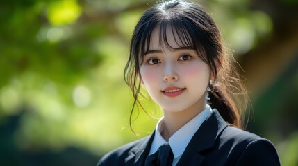 Portrait of a young woman in formal attire outdoors during daytime