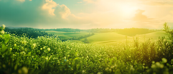 Fototapeta premium A field of green grass with a rolling hill landscape and a golden sunset in the background.