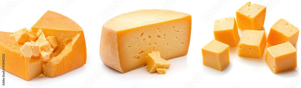 Poster three distinct varieties of cheese are placed side by side on a smooth white surface, creating an ap