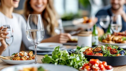 Obraz premium A lively and heartwarming scene featuring a group of friends or family members gathered around a table, enjoying a variety of dishes paired with glasses of refreshing white wine.