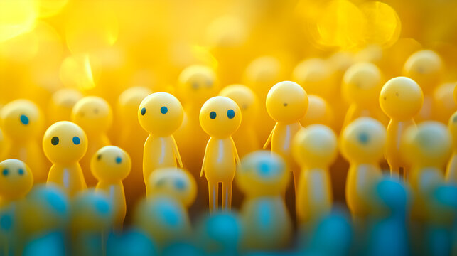 A large crowd of small yellow figures with blue eyes stand in a field of golden light.