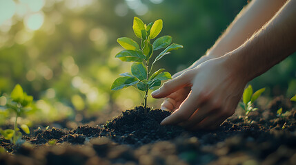 Fototapeta premium A person's hands planting a small tree seedling in rich soil.