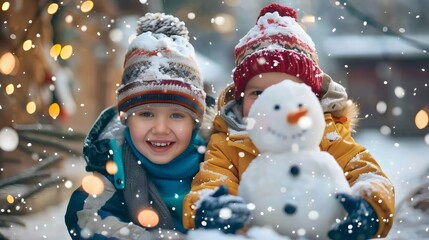 Ni&ntilde;os Felices Jugando en la Nieve: Creando Mu&ntilde;ecos de Nieve en Navidad