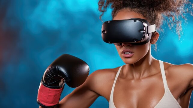 A person engaged in virtual reality boxing while wearing sports attire and boxing gloves, posing with an active and confident stance in a training environment.