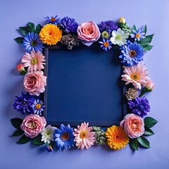 Fototapeta premium Floral Frame with Blank Blue Square