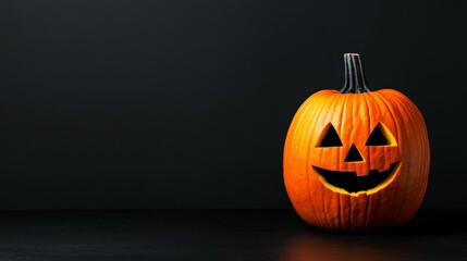 A carved pumpkin glowing in the dark for Halloween night celebration