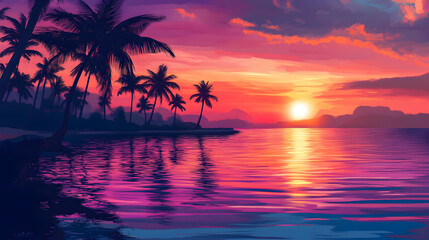 Fototapeta premium A vibrant sunset over the ocean with palm trees silhouetted against the fiery sky. The water reflects the colours of the sky, creating a stunning and peaceful scene.