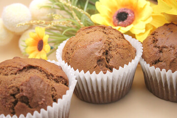 Fresh Baked Homemade Gingerbread Muffins with Buffalo Check and Sunflower Background