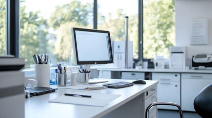 A white desk with a computer, keyboard, mouse, and office supplies in a modern office.