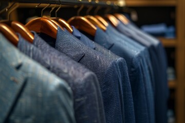 Obraz premium Elegant display of tailored suits in various shades of blue. Perfect for fashion lovers. Ideal for style guides or clothing advertisements. Generative AI