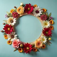 Fototapeta premium Floral Wreath with Wooden Circle Frame on Blue Background