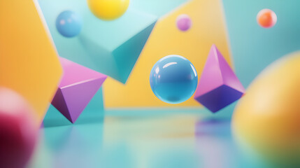 Abstract colorful 3D spheres and geometric shapes floating in a blue background.