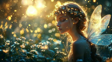 A beautiful fairy with iridescent wings standing in a magical forest with glowing lights.