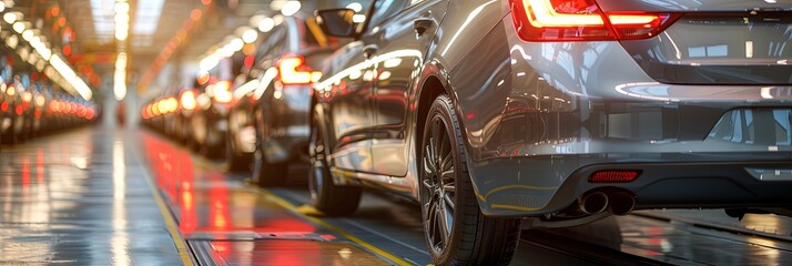 A close-up view of multiple vehicles aligned on an assembly line within a modern automotive factory, showcasing a production process filled with shiny new cars.